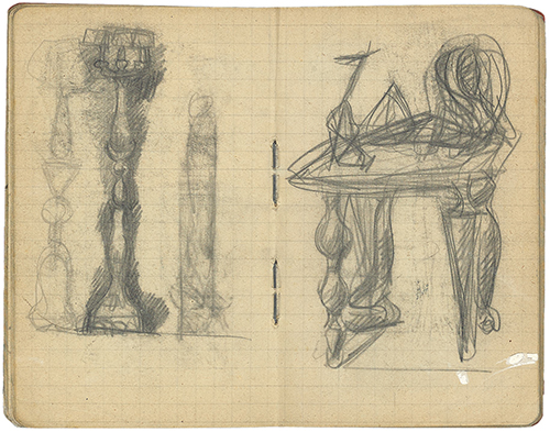 Alberto Giacometti, Esquisses de lampadaires et de Table (1933), c.1933. Crayon graphite sur carnet, 11,6 × 15 cm. Fondation Giacometti. © Succession Alberto Giacometti / ADAGP, Paris 2026.