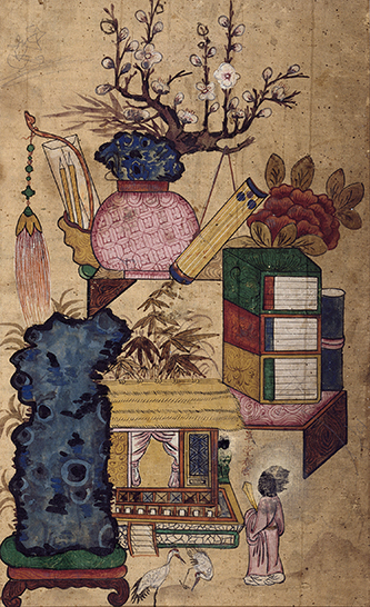 Élément de chaekgeori : Liu Bei chez Zhuge Liang. Corée, époque du Joseon (1392-1910), XVIIIe-XIXe siècle. Couleurs sur papier. © Musée Guimet, Paris, Dist. GrandPalaisRmn / Thierry Ollivier.