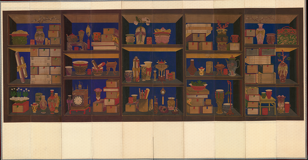 https://francefineart.com/  Paravent à dix panneaux représentant une bibliothèque. Corée, époque du Joseon (1392-1910), XIXe siècle. Encre, couleurs et or sur soie. Séoul, musée national de Corée. © National Museum of Korea’s public work is used according to KOGL.