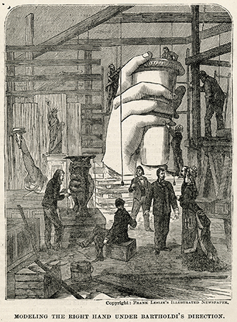 https://francefineart.com/  Smeeton (graveur) (d’après un dessin de Claverie et Kauffmann), L’Atelier du sculpteur de la Statue de la Liberté pour le port de New York,1876. Estampe publiée dans Illustrated Christian Weekly, 8 juillet 1876, H. 42 ; L. 29,9 cm. Colmar, musée Bartholdi, 2002.0.16.. Donation de Jeanne Émilie Bartholdi, 1907. Photo © Musée Bartholdi / C. Kempf.
