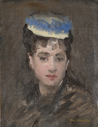 https://francefineart.com/  Eva Gonzalès, Le Chapeau bleu, v. 1875-1876. Huile sur toile, 15 × 11,5 cm. Collection particulière. © 2026 Christie’s Images Limited.
