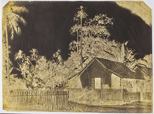 https://francefineart.com/ Gustave Viaud, Maison de Gustave Viaud à Papeete, 1859. N° inventaire 70.2023.50.15 Négatif sur papier (calotype), Dimensions du négatif : 14,5 x 19,6 cm. Océanie, Tahiti (île), Polynésie Société (îles de la) Polynésie française Vent (îles du) Papeete. Photographie reproduite dans P. O'Reilly et A. Jammes, "Gustave Viaud, premier photographe de Tahiti", Paris, Société des Océanistes, Musée de l'Homme, 1964, fig.XIV et intitulée "Papeete. Maison occupée par Gustave Viaud". Reproduite dans Jean-Yves Tréhin, "Tahiti, l'Eden à l'épreuve de la photographie", Gallimard, 2003, p.21, intitulée "La maison du photographe à Papeete" et datée de 1859. Négatif faisant partie d'un ensemble de 40 calotypes sur papier et de tirages réalisés en Polynésie. © musée du quai Branly – Jacques Chirac.