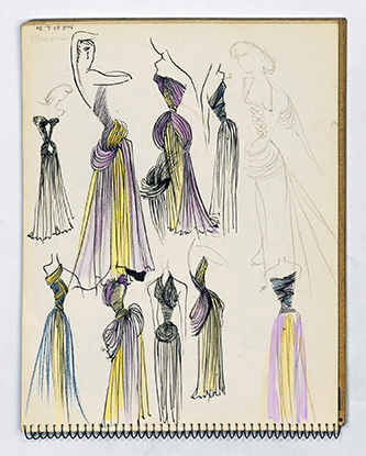 https://francefineart.com/   Marguerite Porracchia, Carnet de croquis de modèles de mode féminine, Vers 1945-1950. Crayon graphite et rehauts de gouache. © Les Arts Décoratifs.