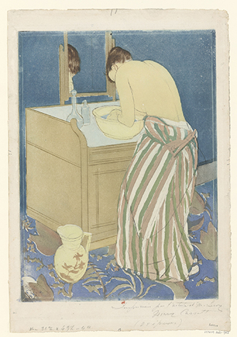 https://francefineart.com/  Mary Cassatt (1844-1926), Femme à sa toilette [Breeskin 1979, 148] Pointe sèche et aquatinte en couleurs, 4e état, 35,9 x 26,3 cm. Paris, Bibliothèque nationale de France, département des Estampes et de la Photographie Réserve Ce-4 (2)-Fol.