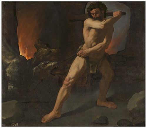 https://francefineart.com/   Francisco de Zurbarán, Hercule et Cerbère, Vers 1634. Huile sur toile. H. 132 ; L. 151 cm. Madrid, Museo Nacional del Prado. © Photographic Archive. Museo Nacional del Prado, Madrid.
