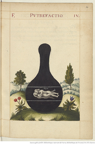 https://francefineart.com/  Pretiosissimum Donum Dei (Putrefactio), Georges Aurach, 1601-1700. Manuscrit papier. Ms-975 réserve, fol. 14r. Paris, Bibliothèque nationale de France, Bibliothèque de l’Arsenal. Source gallica.bnf.fr / Bibliothèque nationale de France.