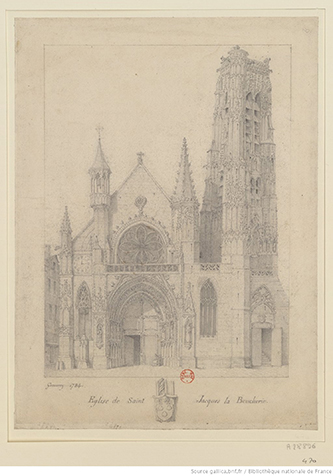 https://francefineart.com/  Église de Saint-Jacques-de-la-Boucherie, Jean-François Garneray, Paris, 1784. Dessin à la mine de plomb. Paris, Bibliothèque nationale de France, Cabinet des gravures et des estampes RESERVE VE-53 (E) –FOL. Source gallica.bnf.fr / Bibliothèque nationale de France.