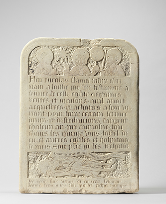 https://francefineart.com/  Épitaphe de Nicolas Flamel, Île-de-France, 1er quart du XVe siècle. Provenant de l’église Saint-Jacques-de-la-Boucherie (Paris). Calcaire lutétien. Paris, musée de Cluny - musée national du Moyen Âge. Cl. 1526. © GrandPalaisRmn (musée de Cluny - musée national du Moyen Âge) / Michel Urtado.