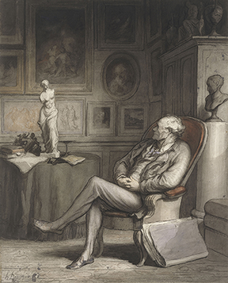 https://francefineart.com/   Collection Jules Dupré (1811-1889), Honoré Daumier (1808-1879), Un amateur, vers 1860-1865. Plume et encre noire, lavis gris, aquarelle, crayon lithographique et gouache sur un tracé à la pierre noire, 43,8 x 35,5 cm. The Metropolitan Museum of Art, New York, inv. 29.100.200.