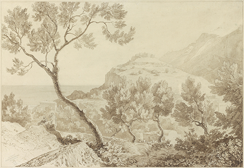 https://francefineart.com/   Collection du comte Émilien de Nieuwerkerke (1811-1892), Lancelot Théodore Turpin de Crissé (1782-1859), Vue de Capri, 1854 ?. Plume et encre brune, lavis brun sur traces de graphite, 32,8 x 47 cm. Collection Frits Lugt, Fondation Custodia, Paris, inv. 2008-T.12.