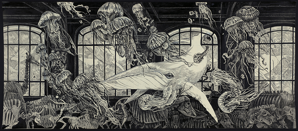 https://francefineart.com/    Daria Schmitt, Illustration pour La tête de mort venue de Suède 2025, encre de Chine sur papier. Muséum national d'Histoire naturelle. Don de l’artiste.
