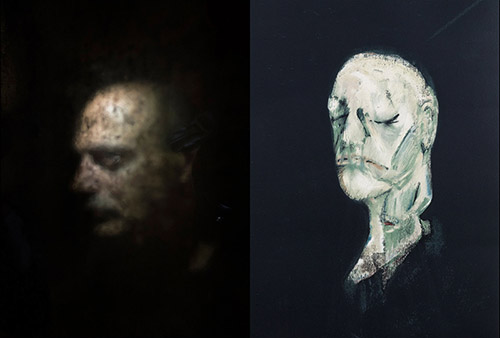 © Antoine d’Agata, Etna, 2014. © Francis Bacon, Masque mortuaire de William Blake, lithographie, 1991.
